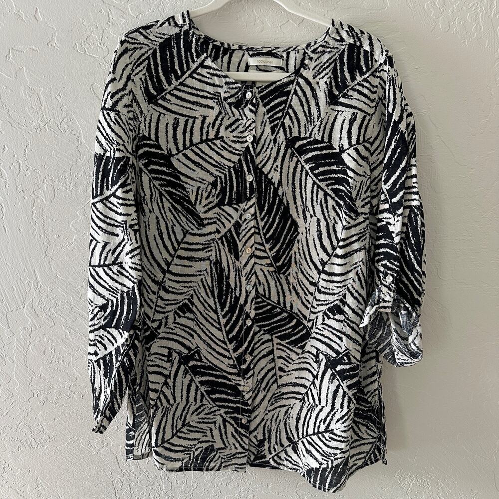 CYNTHIA ROWLEY | 100% Linen Palm Leaf Button Front Tunic Womens Plus Size 1X Top